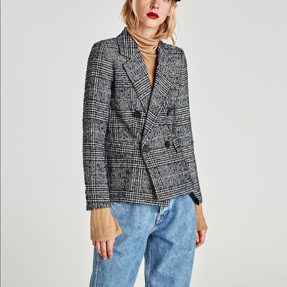 zara checked double breasted blazer